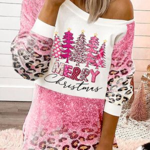 Vrolijke kerstboom luipaard geblokte gebleekte mini jurk | 50% KORTING